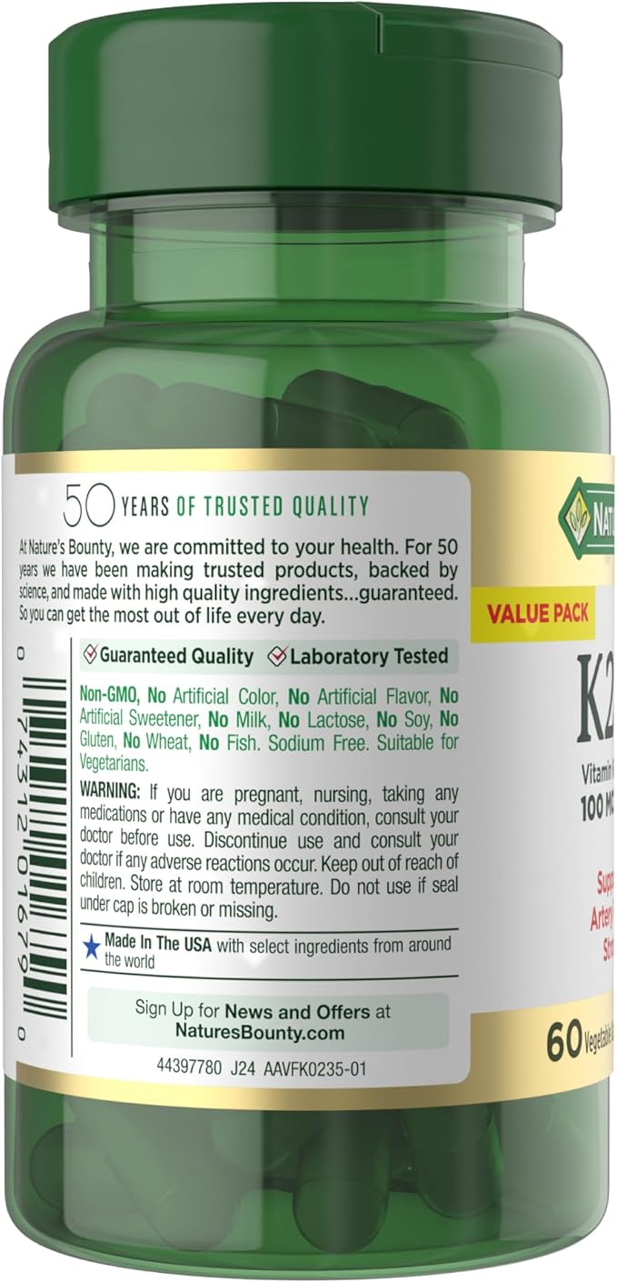 Nature’s Bounty Vitamin D3 K2 Supplement, 4000 IU Vitamin D3 plus 100 mcg of Vitamin K Supplements for Adults for Heart & Bone Health Support, 60 Day Supply, 60 Vegetarian Capsules