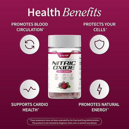 Snap Supplements Nitric Oxide Gummies - Beet Root Extract 300mg, Sugar Free Beetroot Supplement with Pomegranate Powder for Circulation & Natural Energy, 60 Vegan Gummies (3-Pack), Cherry Flavor