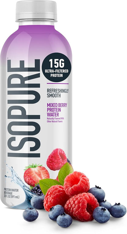 Isopure Clear Protein Water with Electrolytes, 15g Whey Protein Isolate, Zero Sugar, Mixed Berry, 20 fl oz Bottle, 1 Count