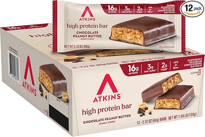 Atkins Chocolate Peanut Butter Protein Meal Bar, High Fiber, 16g Protein, Low Sugar, 3g Net Carb, Low Carb, Keto Friendly, 12 Count