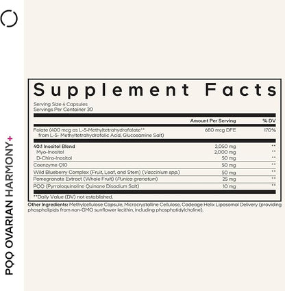 Codeage PQQ Ovarian Harmony+ Supplement - PQQ (Pyrroloquinoline Quinone), Myo-Inositol & D-Chiro-Inositol 40:1 Blend, Folate 5-MTHF, CoQ10, Wild Blueberry - Liposomal Delivery - Non-GMO - 120 Capsules