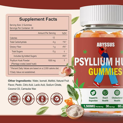 ABYSSUS Psyllium Gummies – Psyllium Husk Fiber Supplement 1500mg for Digestive Health, Sugar Free Chewable Bloating Relief & Regularity, Peach, 60 Count