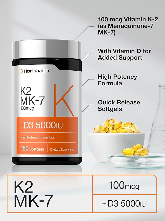 Horbäach Vitamin D3 K2 5000 iu | 100mcg MK-7 Complex | 180 Softgel Capsules | Non-GMO & Gluten Free Supplement