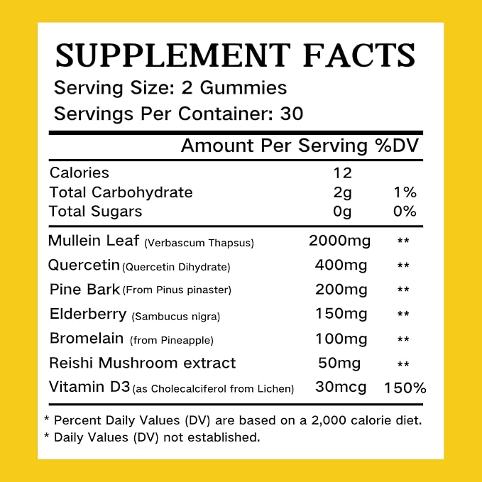 Mullein Gummies, 2000mg Organic Mullein Leaf Extract with Quercetin, Bromelain & Vitamin D3, Mullein Leaf Extract for Respiratory, Natural Lung Cleanse, Improve Appetite, Vegan, Non-GMO, 2 Pack