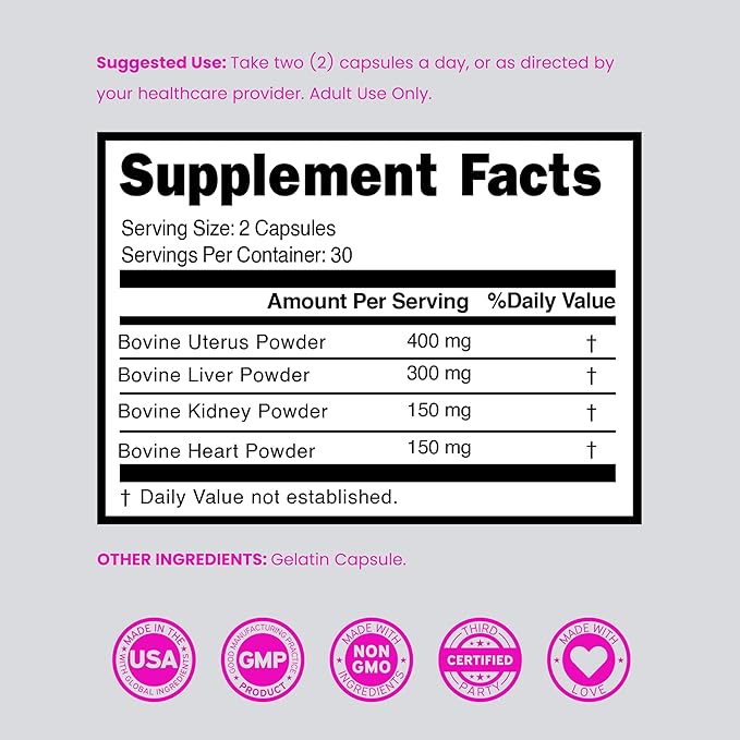 Beef Organ Supplement for Women - Grass Fed Beef Liver, Heart, Kidney & Uterus 1000mg Per Serving - Support Women's Energy & Overall Health - Third Party Tested & Non GMO - USA Made (60 Capsules)