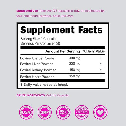 Beef Organ Supplement for Women - Grass Fed Beef Liver, Heart, Kidney & Uterus 1000mg Per Serving - Support Women's Energy & Overall Health - Third Party Tested & Non GMO - USA Made (60 Capsules)