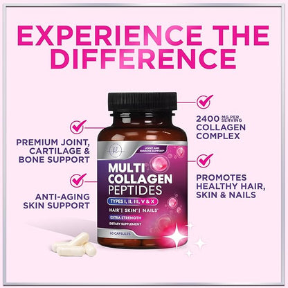 Multi Collagen Peptides Complex - Advanced Hydrolyzed Collagen Supplement Pills with Type I, II, III, V & X - Hair, Skin, Nail & Joint Support Supplement for Women & Men - USA Bottled - 60 Capsules