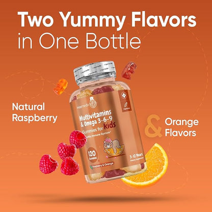 maxmedix Kids Multivitamin Gummies with Omega 3 6 9 | 20 Essential Kids Vitamins & Minerals for Healthy Immune System | 2-Month Supply | Children's Vitamins in Natural Raspberry & Orange Flavors