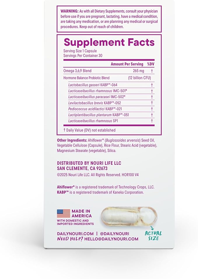 Daily Nouri Hormone Balance Probiotics for Women | Hormone Balance for Women | PMS, Hormonal Acne, & Bloating Support | 7 Clinically Studied Strains + Omega | 30-Day Supply