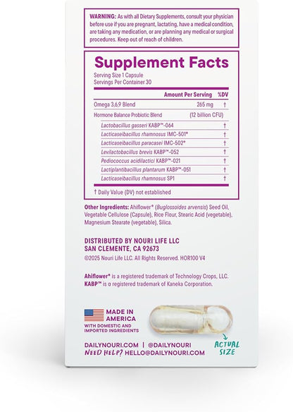 Daily Nouri Hormone Balance Probiotics for Women | Hormone Balance for Women | PMS, Hormonal Acne, & Bloating Support | 7 Clinically Studied Strains + Omega | 30-Day Supply