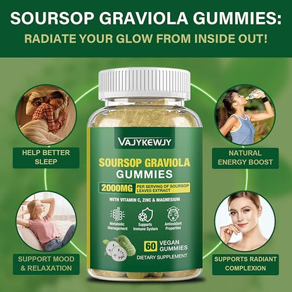 Soursop Graviola Gummies - 2000mg Extra Strength Soursop Leaves Extract, Vitamin C, Zinc & Whole Natural Food for Immunity, Vegan, 60 Gummies