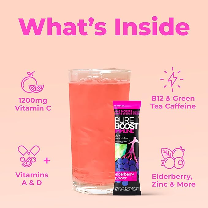 Pureboost Immune Clean Energy Booster, Refreshing Energy Drink Mix and Immunity Supplement with Elderberry, 1,200 mg Vitamin C, Vitamins A + D, and Zinc. (Elderberry Power, 30 Count)