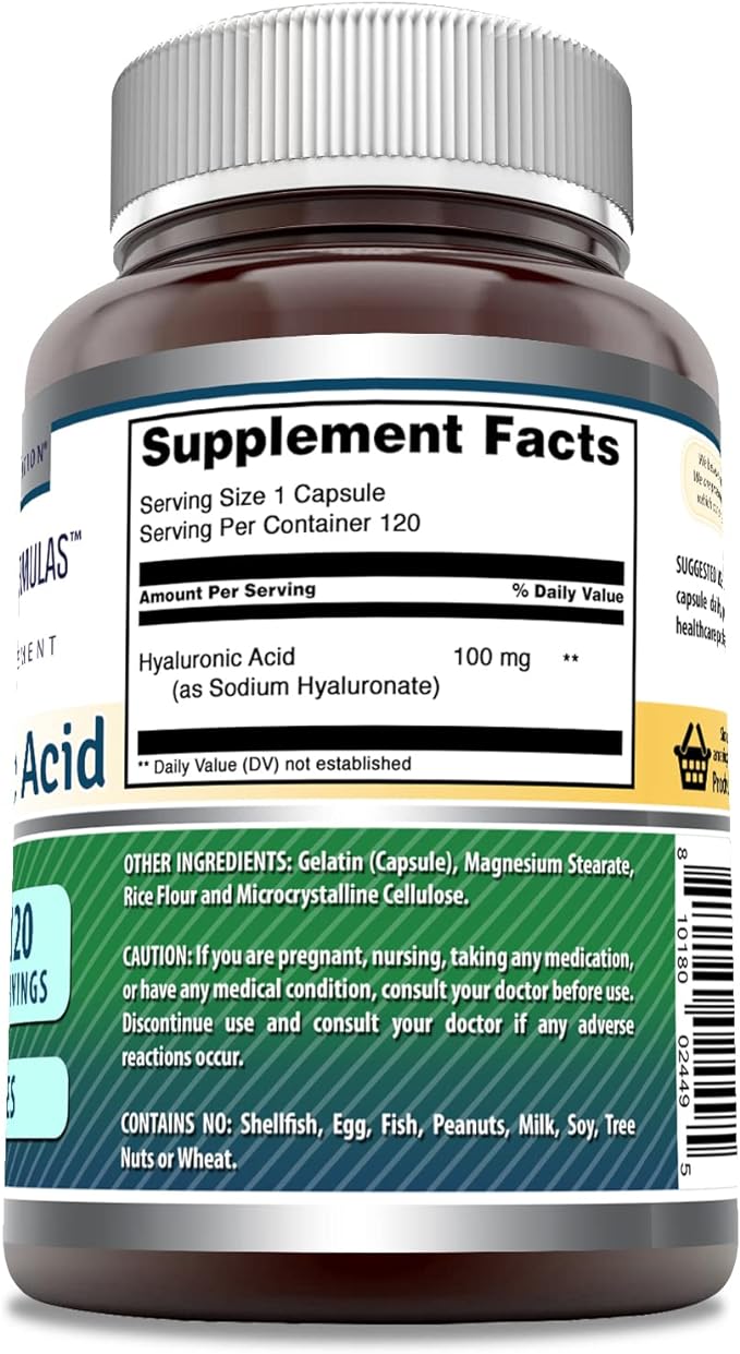 Amazing Formulas Hyaluronic Acid 100 Mg Supplement | Capsules | Non-GMO | Gluten-Free | Made in USA (1 Pack | 120 Count)