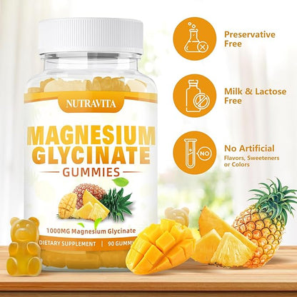 Magnesium Glycinate Gummies 1000mg with Magnesium L-Threonate,Chelated Magnesium Potassium Complex Supplement with VitD, B6, CoQ10, Calcium,Supports for Memory, Calm, Mood - 90 Mango pineapple Gummies