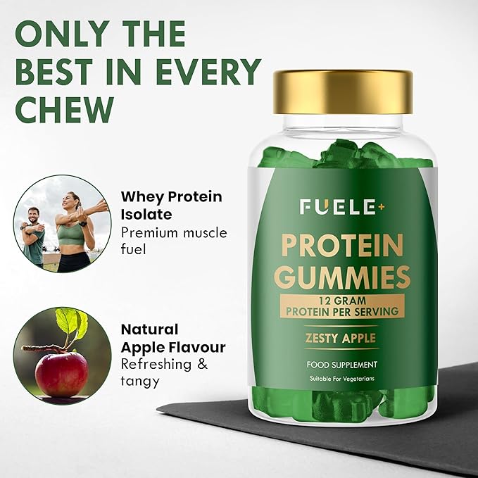 Protein Gummies – 12g High Protein Snack, Zesty Apple Flavor, No Added Sugar, Whey Protein Gummies, Supports Muscle Recovery, Post Workout Supplement (60 Gummies)