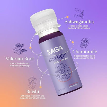 SAGA Starlight Organic Sleep Shots – Natural Sleep Aid with Melatonin, Reishi, Valerian Root, Ashwagandha, Chamomile – Sugar-Free, Vegan, Zero Calories, Plant-Based Sleep Support, Travel Size (2 Oz)