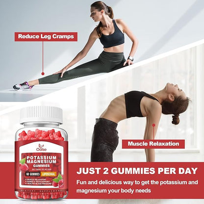 (2 Pack) Potassium Magnesium Gummies for Adults Kids, High Absorption Potassium Citrate 200mg Magnesium Glycinate 400mg, Chewable Gummy Supplements for Leg Cramps & Muscle, Raspberry