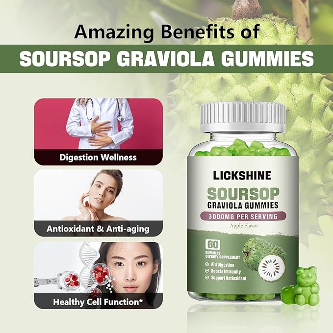 lickshine 2 Pack Soursop Graviola Gummies - 3000mg Extra Strength Soursop Leaves Supplement with Vitamin C, Zinc - Digestive Aid, Immune Support & Antioxidant - Sugar-Free, Non-GMO, Vegan, 120 Counts