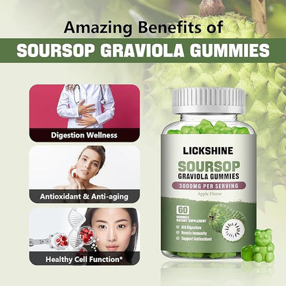 lickshine 2 Pack Soursop Graviola Gummies - 3000mg Extra Strength Soursop Leaves Supplement with Vitamin C, Zinc - Digestive Aid, Immune Support & Antioxidant - Sugar-Free, Non-GMO, Vegan, 120 Counts