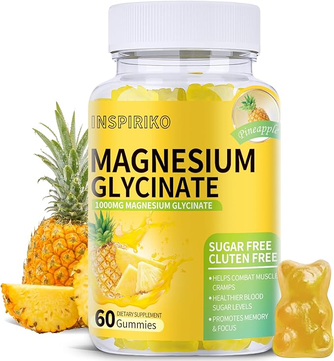 Magnesium Glycinate Gummies 1000mg - Sugar-Free Magnesium Potassium Supplement with Vitamin D, B6, CoQ10 for Adults & Kids,High Absorption for Calm Mood & Sleep Support - 60 Pineapple Gummies