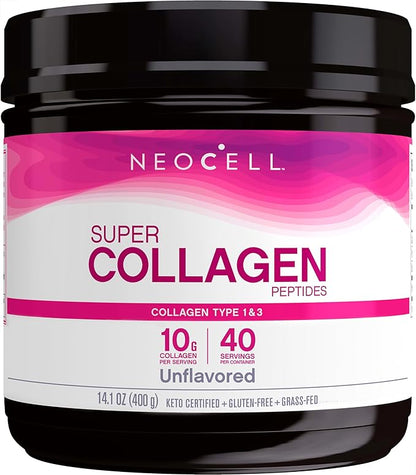 NeoCell Super Collagen Peptides Powder, Non-GMO, Grass Fed, Paleo Friendly, Gluten Free, For Hair, Skin, Nails & Joints, Unflavored, 40 Servings, 14 Ounces (Packaging May Vary)