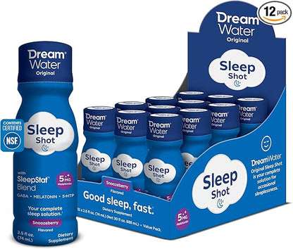 Dream Water Sleep Shots (12 Count) Sleep Aids for Adults - 5mg Melatonin, GABA, 5-HTP - Natural Snoozeberry Flavor (Blue Raspberry) - Liquid Melatonin Supplement - Zero Sugar & Gluten Free - 2.5 oz