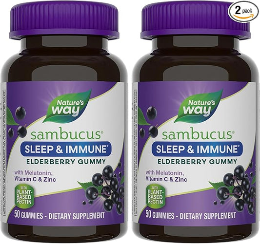 Nature's Way Sambucus Sleep + Immune* Elderberry Gummies, Sleep Support for Adults and Immune Support*, with Melatonin, Vitamin C, L-Theanine, Zinc, 50 Gummies (Packaging May Vary),(Pack of 2)