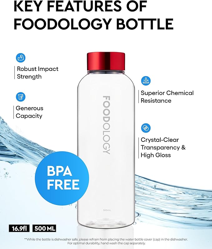FOODOLOGY Bottle for Drink Mix (Red, 16.9fl oz) - Leak Proof, Lightweight, Durable Sports Water Bottle. Reusable for Gym, Outdoor, Travel. BPA Free, Clear Beverage Container with Marker