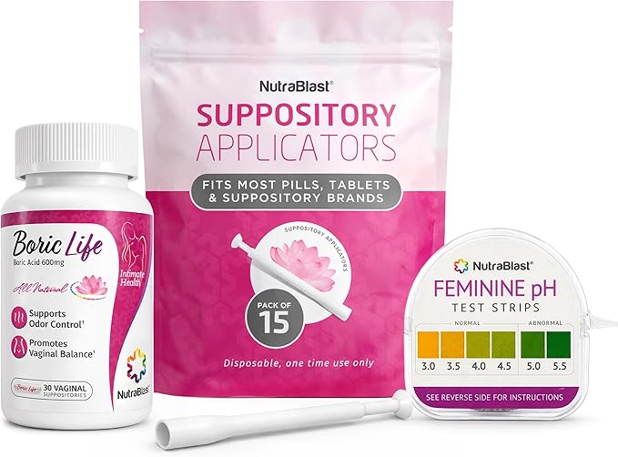 NutraBlast Boric Acid Suppositories 600mg (30 Count) Bundle with Disposable Suppository Applicators (15-Pack) and Feminine pH Test Strips 3.0-5.5 (100 Tests Roll)
