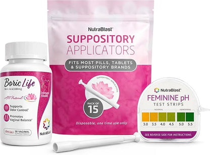 NutraBlast Boric Acid Suppositories 600mg (30 Count) Bundle with Disposable Suppository Applicators (15-Pack) and Feminine pH Test Strips 3.0-5.5 (100 Tests Roll)