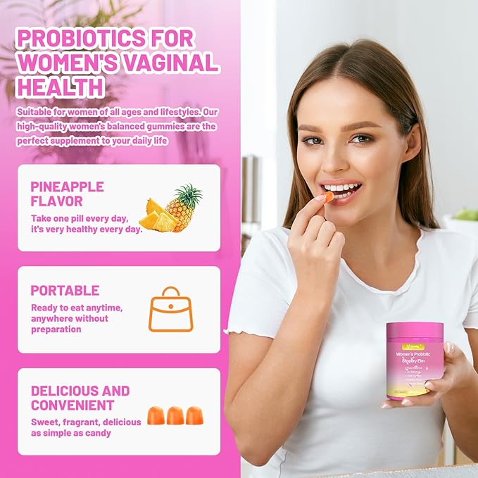 Her Juicy Feminine Probiotics Gummies for pH Balance - Slippery Elm, Lactobacillus Blend - Gut & Immune Support - Pineapple Gummies, 60 Count (Pineapple)