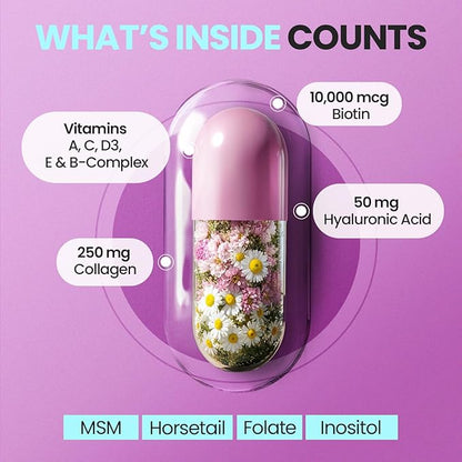 Biotin | Collagen | Keratin Booster with Hyaluronic Acid - Thicker Hair Growth, Healthy Skin & Stronger Nails Supplement – Extra Strength - Multi Vitamin B Complex - Women & Men - Made in USA - 60ct