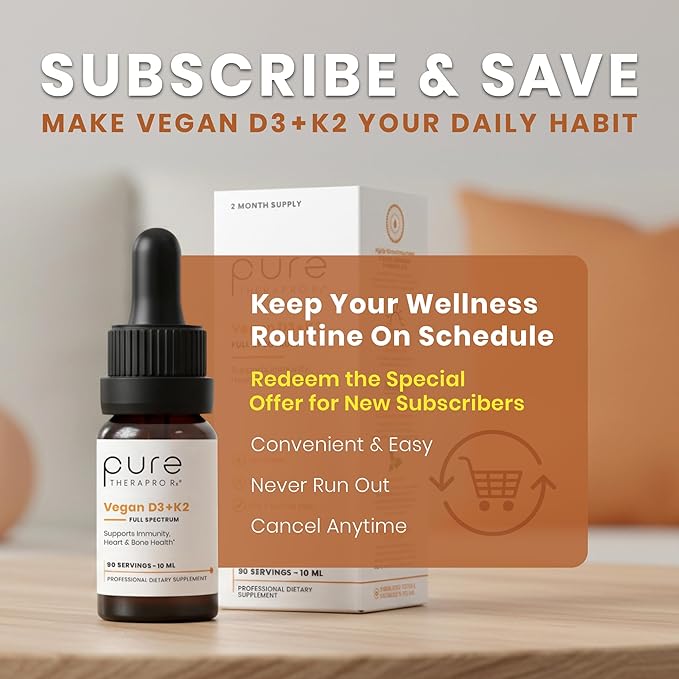 Pure Therapro Rx Vegan D3 + K2 Organic 100% Liposomal 10ml Made in USA | 3 Month Supply | Maximum Absorption Vitamin D3 and Vitamin K2 Supplements for Men and Women, D3 Vitamin 5000 IU