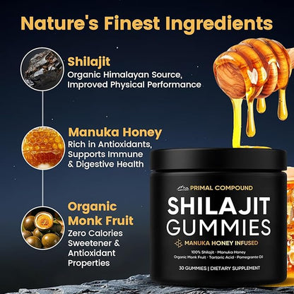 Primal Compound Shilajit Gummies for Men,with Manuka Honey, Organic Monk Fruit & Fulvic Acid, Shilajit Gummies Energy Supplements, 30 Gummies
