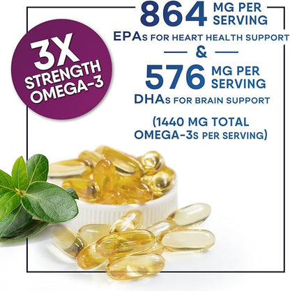 Omega 3 Fish Oil Supplements - 2400mg Fish Oil Per Serving - Triple Strength Omega-3 with EPA & DHA Fatty Acids - Natural Heart, Brain & Immune Support - Wild Caught, Bottled in USA - 120 Softgels