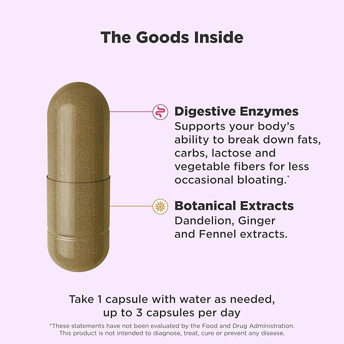 OLLY Beat The Bloat Capsules, Digestive Support Enzymes, Supplement for Women - 25 Count