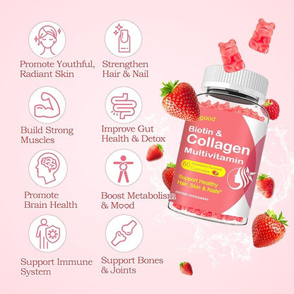 2 Pack Multi Collagen Peptides Gummies for Women & Men, Ultra Hydrolyzed Protein Type I II III V X with Biotin, Hyaluronic Acid & Vitamin C D K2 B12 A E for Skin Hair Nails, Bone, Sugar Free 120Cts
