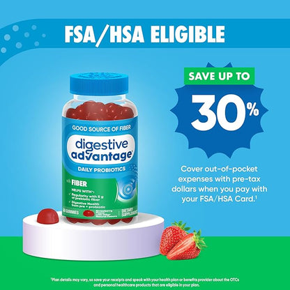 Digestive Advantage Prebiotic Fiber Gummies + Probiotics for Gut Health, 5g Prebiotic Fiber Plus 1 Billion CFU Probiotic, Supports Digestive Health & Regularity, (60ct Bottle) Strawberry Flavor*