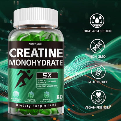 Creatine Gummies for Men & Women - Chewable Creatine Monohydrate Gummies for Muscle Strength, Improving Endurance & Post Workout Recovery - Creatine Supplement - Green Apple Flavors (160 Count)