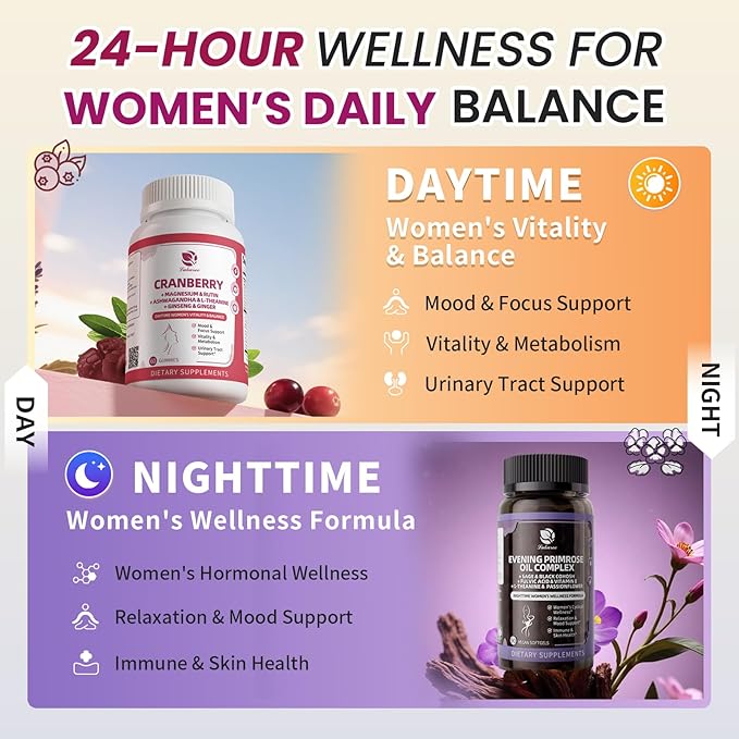 Lukaree Evening Primrose Oil & Cranberry Wellness Duo – Supports Urinary Health, Hormonal Balance, Skin Health, Stress Relief, and Relaxation – Daytime Clarity & Nighttime Calm – 30-Day Supply