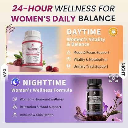 Lukaree Evening Primrose Oil & Cranberry Wellness Duo – Supports Urinary Health, Hormonal Balance, Skin Health, Stress Relief, and Relaxation – Daytime Clarity & Nighttime Calm – 30-Day Supply