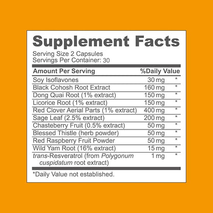 VHC Menopause Support Supplement with Soy Isoflavones & Black Cohosh Hormone Balance, Hot Flash Relief, Night Sweats Dong Quai, Red Clover, Chasteberry 30-Day Supply