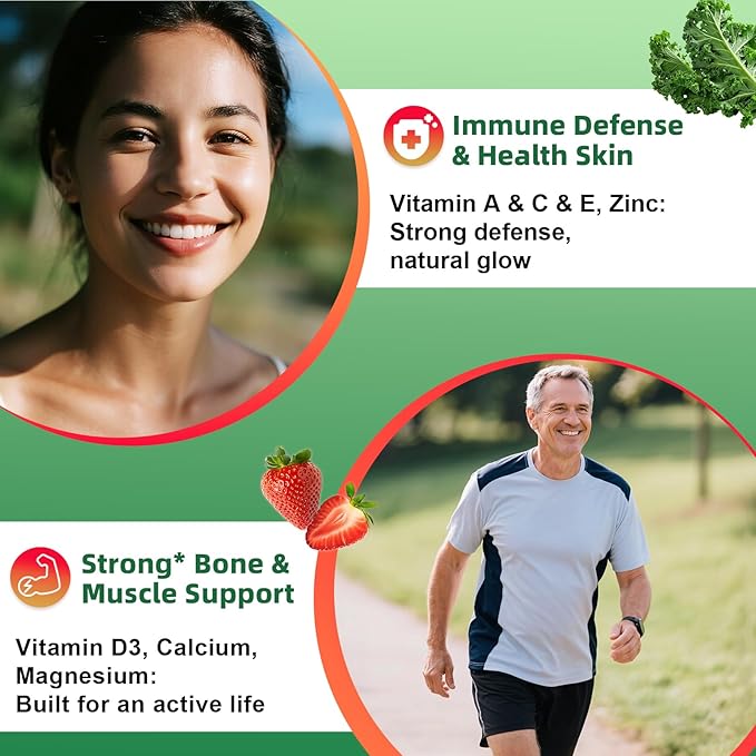 Sugar-Free Fruits & Veggies Gummies, Super Greens with 23 Fruits & 25 Veggies, Multivitamin Minerals & Fiber, Vegan Fruit & Vegetable Supplement for Adults, 120 Gummies, 2 Month Supply