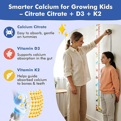 Kids Calcium Citrate Gummies with Vitamin D3 Supplement, Calcium Citrate 300/600 mg with Magnesium Zinc & Multivitamin for Kids 4+ & Teens, Support Bone Muscle & Digestive Health, Sugar Free, 60ct
