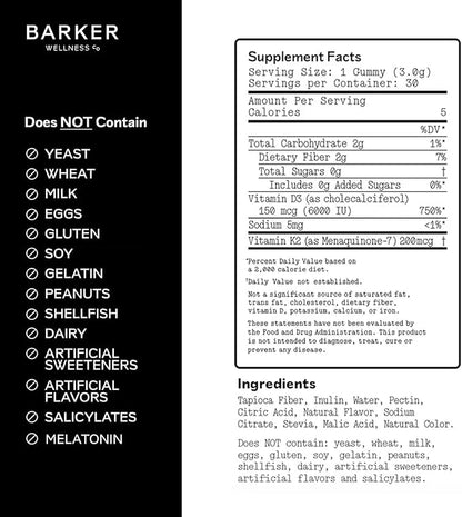 Barker Wellness D3 K2 Vitamin Gummies – Max Potency 6000IU D3 + 200mcg K2 for Strong Bones, Cardiovascular Wellness, Immune Support | Vegan, Sugar-Free, Delicious Mixed Berry | 30 Servings