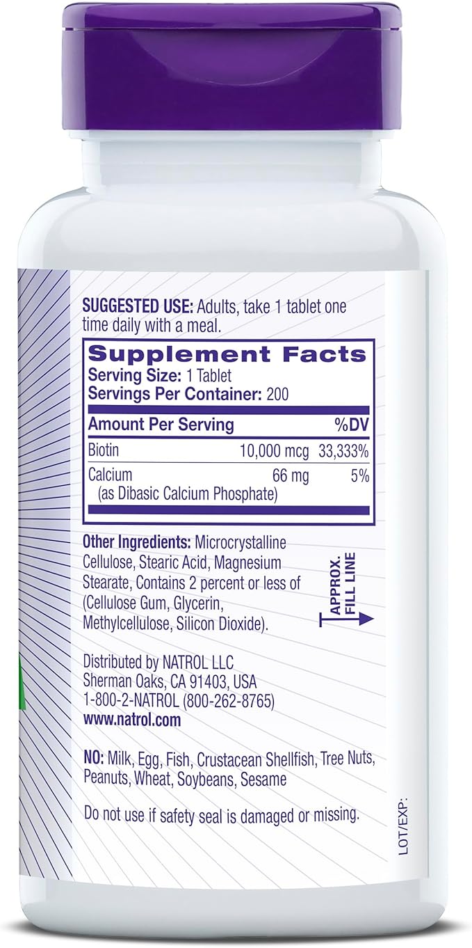 Natrol Biotin 10000mcg, Supplement for Healthy Hair, Skin and Nails for Those Low in Biotin, Plus Energy Metabolism Support, 200 Tablets, Up to a 200 Day Supply,(Pack of 2)