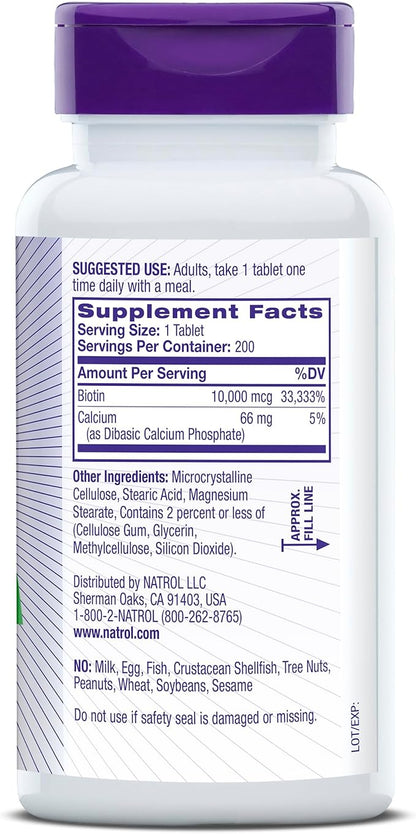 Natrol Biotin 10000mcg, Supplement for Healthy Hair, Skin and Nails for Those Low in Biotin, Plus Energy Metabolism Support, 200 Tablets, Up to a 200 Day Supply,(Pack of 2)