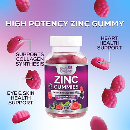 Zinc Gummies 50mg per Serving - Extra Strength Immune Support Antioxidant Gummy, Non-GMO & Gluten Free - Best Zinc Supplement for Skin Bone & Heart Health - Chewable Tasty Berry Flavor - 120 Gummies