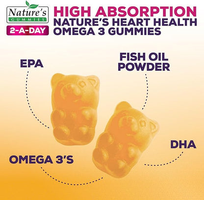 Omega 3 Fish Oil Gummies, Heart Healthy Omega 3 Gummy Supplement with High Absorption DHA & EPA, Extra Strength Joint & Brain Support, Delicious Orange Flavor Fish Oil Nature's Vitamin - 120 Gummies