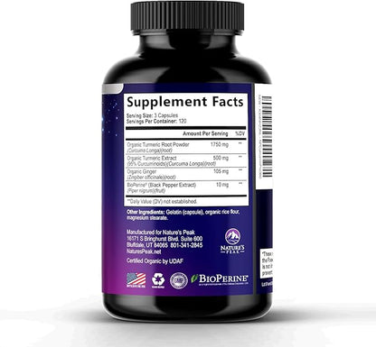 Turmeric Curcumin Supplement - 1750mg Organic Turmeric Per Serving - 95% Curcuminoids, Ginger & BioPerine Black Pepper for Best Absorption - Natural Vegan Joint Support, Bottled in USA - 360 Capsules